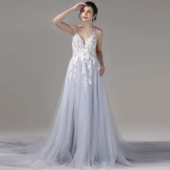 Персонализирани A-Line оглавник сребърна сватбена рокля апликации Sweep влак булката рокля за плаж реална рокля