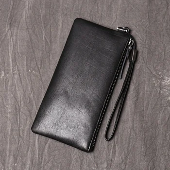 Портфейл от естествена кожа за мъже Мъжки истински телешка мъжки дълъг цип тънък съединител портфейли чанта с притежател на карта телефон чанта