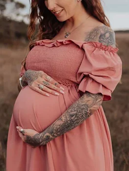 Розов волан от рамото Boho фотосесия бременна бременност бебе душ фотография майчинство дрехи Макси рокля за жени