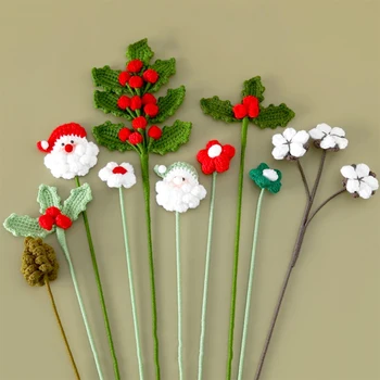 Ръчно тъкани коледни изкуствени цветя вълна плетене на една кука букет Дядо Коледа малък боров цветен клон различна декорация цвете