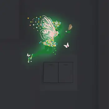 Светлинен карикатура превключвател стикер крило момиче пеперуда блясък в тъмното декорация стикер детска стая декор светлина превключвател стикери