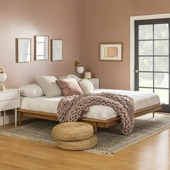 средата на века модерна масивна дървена платформа легло табла табла легло рамка спалня спалня, крал, карамел