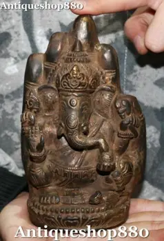 Стар Тибет Бронзов позлатен будизъм 4 оръжия Ганапати Мамон Слон Бог Статуя на Буда