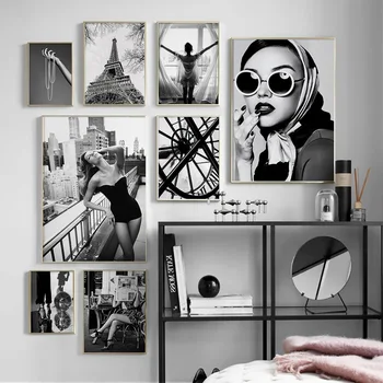 Стенно изкуство печат Париж Сити кърпа мода бижута перла черно бяло платно живопис скандинавски плакат хол декор стена снимки