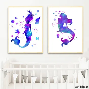 Стенно изкуство платно живопис лилаво русалка скандинавски плакати и отпечатъци карикатура стена снимки за детска стая бебешко легло стая декорация