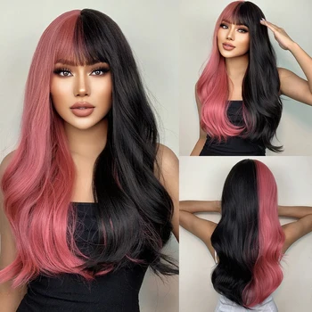 Черно и розово дълги вълнообразни синтетични перуки за коса за жени Cosplay Коледа Хелоуин коса топлоустойчиви две тон перука с бретон